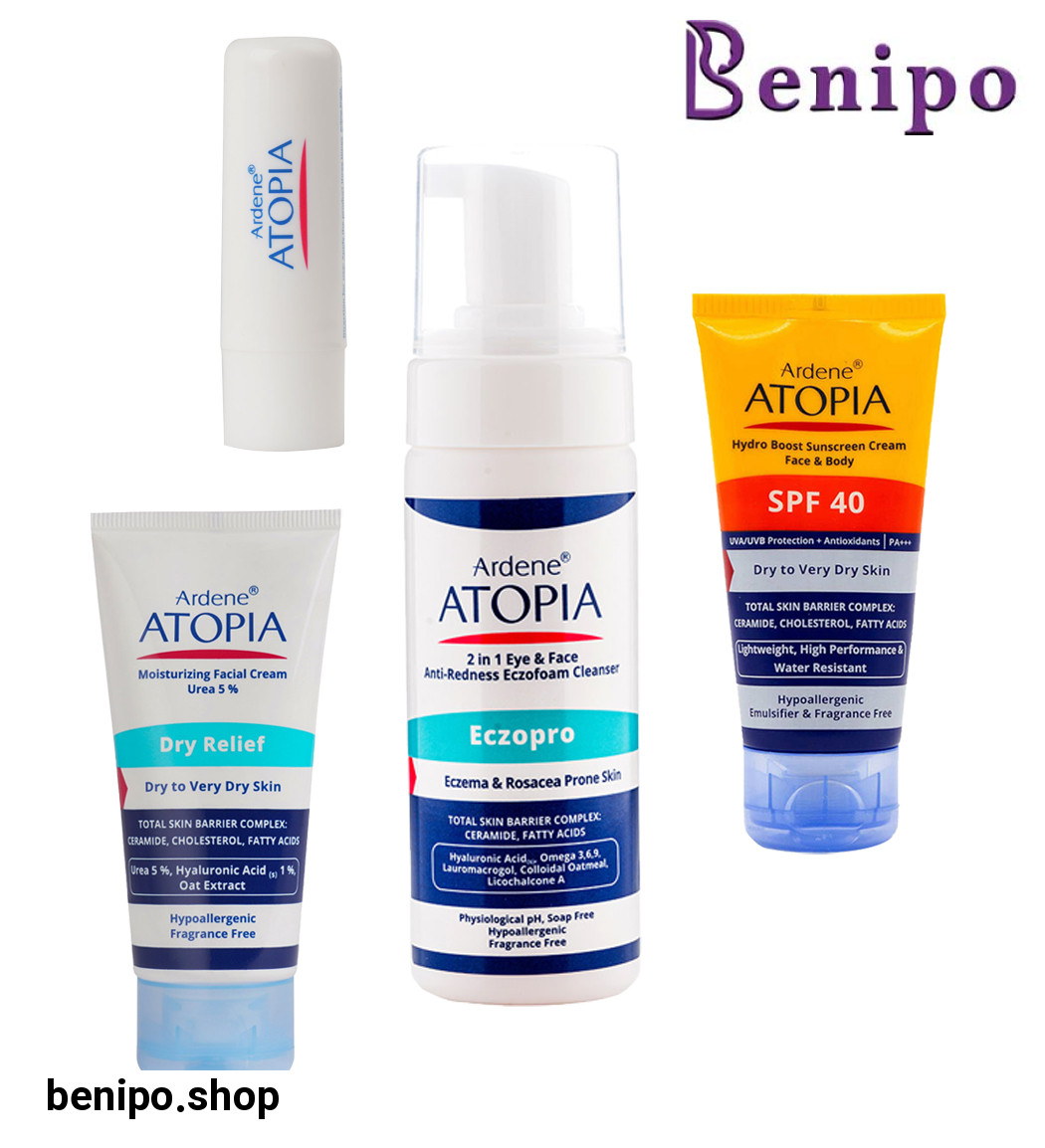 پک فوم شوینده و پاک کننده ملایم صورت و اطراف چشم مناسب پوست های خیلی خشک و مستعد قرمزی 150میل آتوپیا به همراه  کرم مرطوب کننده قوی صورت حاوی اوره 5 درصد حجم 50میل آتوپیا و کرم ضد آفتاب آتوپیا SPF40 مناسب پوست خشک و خیلی خشک  50میل و بالم لب مرطوب کننده و ترمیم کننده Dry Relief آتوپیا 4.5میل