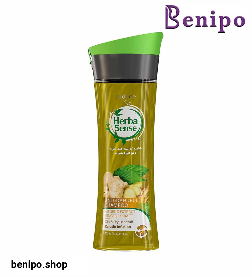 شامپو هرباسنس کراتینه ضدشوره مخصوص انواع شوره های مقاوم سر با عصاره جنسینگ و زنجبیل