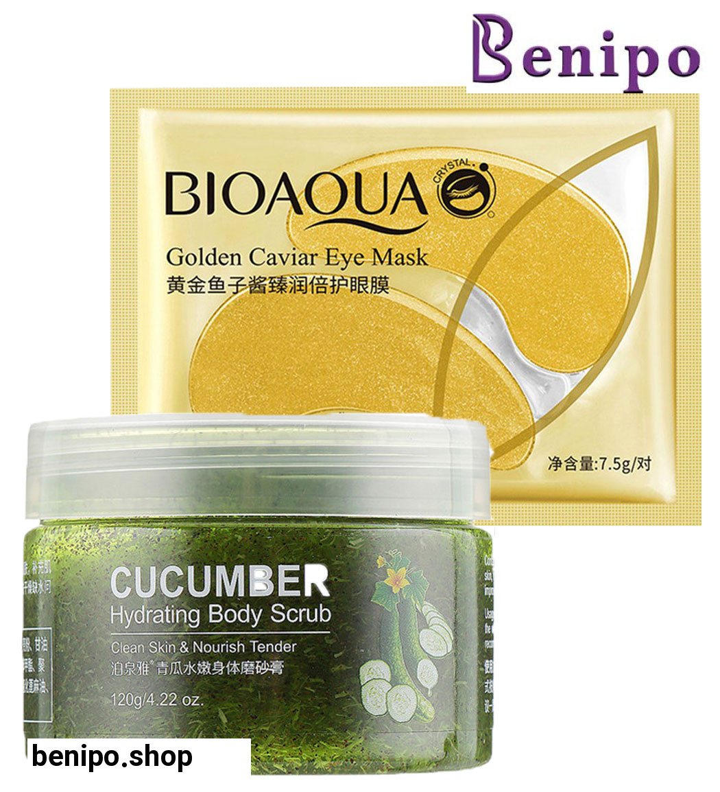 اسکراب لایه بردار پوست مدل خیار و ماسک ورقه ای زیر چشم خاویار طلایی بسته 2 عددی