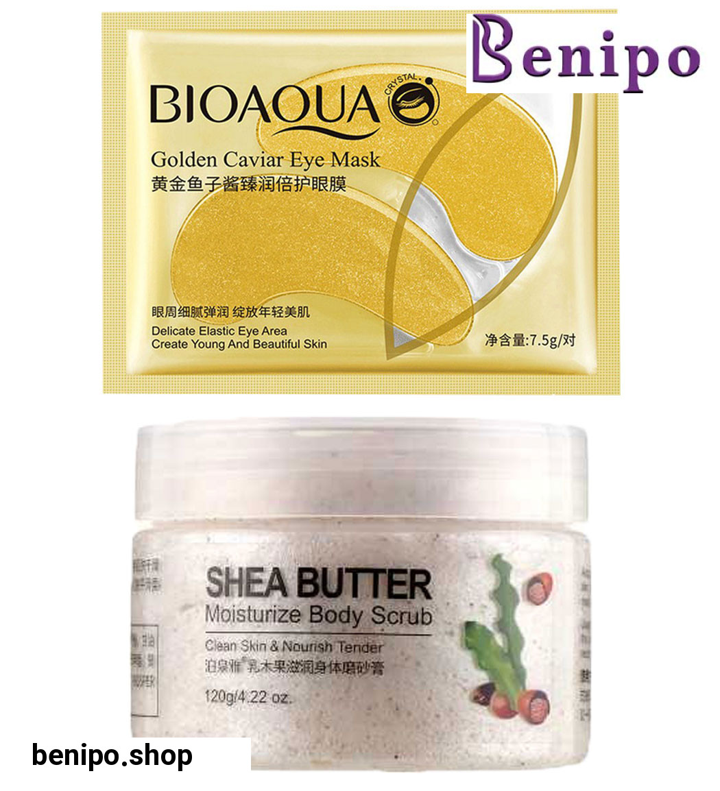 اسکراب بدن حاوی شی باتر و ماسک ورقه ای زیر چشم خاویار طلایی بسته 2 عددی