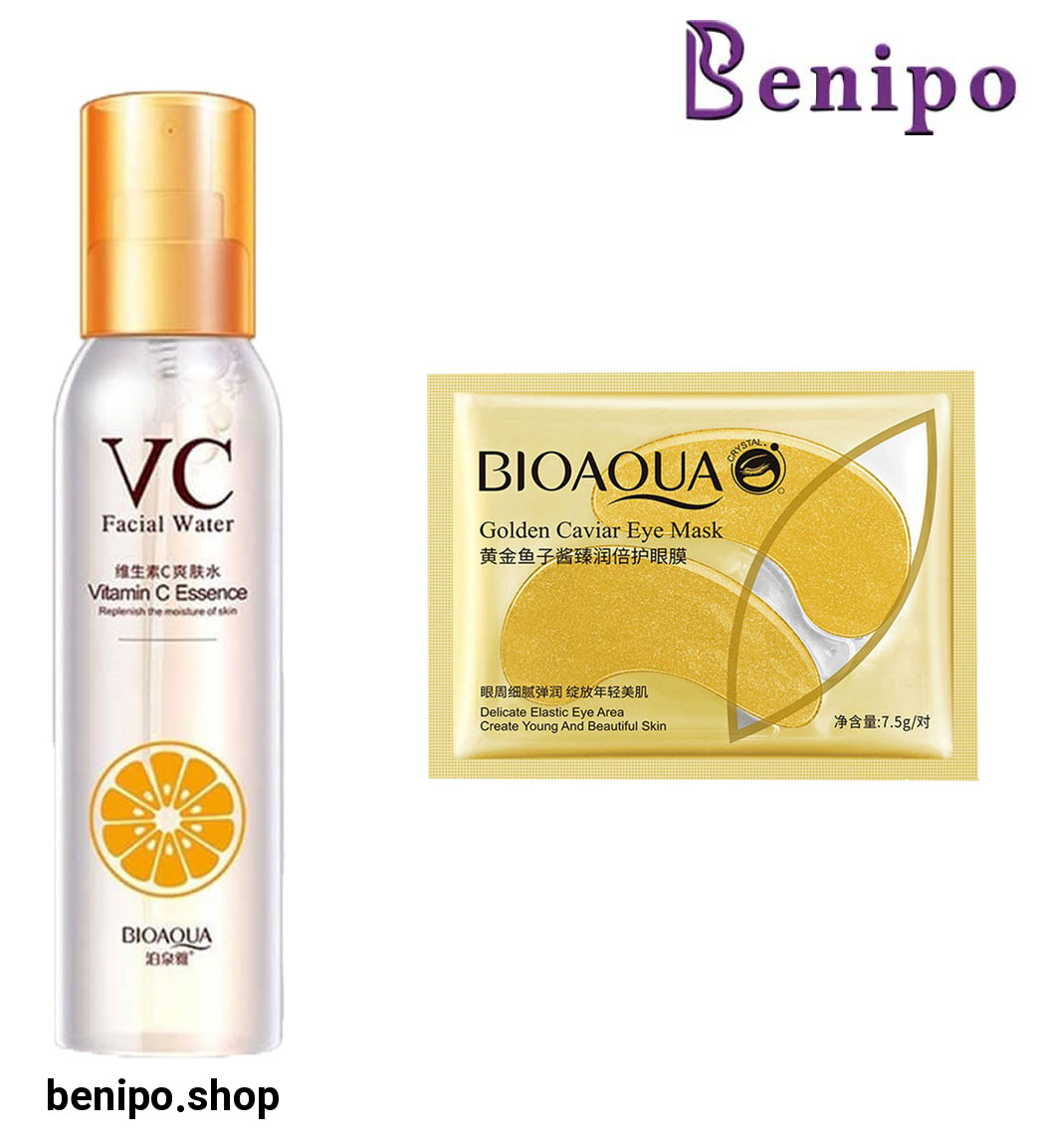 پک 2 عددی اسپری آبرسان حاوی ویتامین سی و ماسک ورقه ای زیر چشم خاویار طلایی