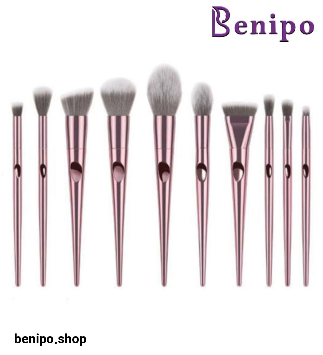 ست براش آرایشی مدل 10 عددی رنگ رزگلد به همراه کیف