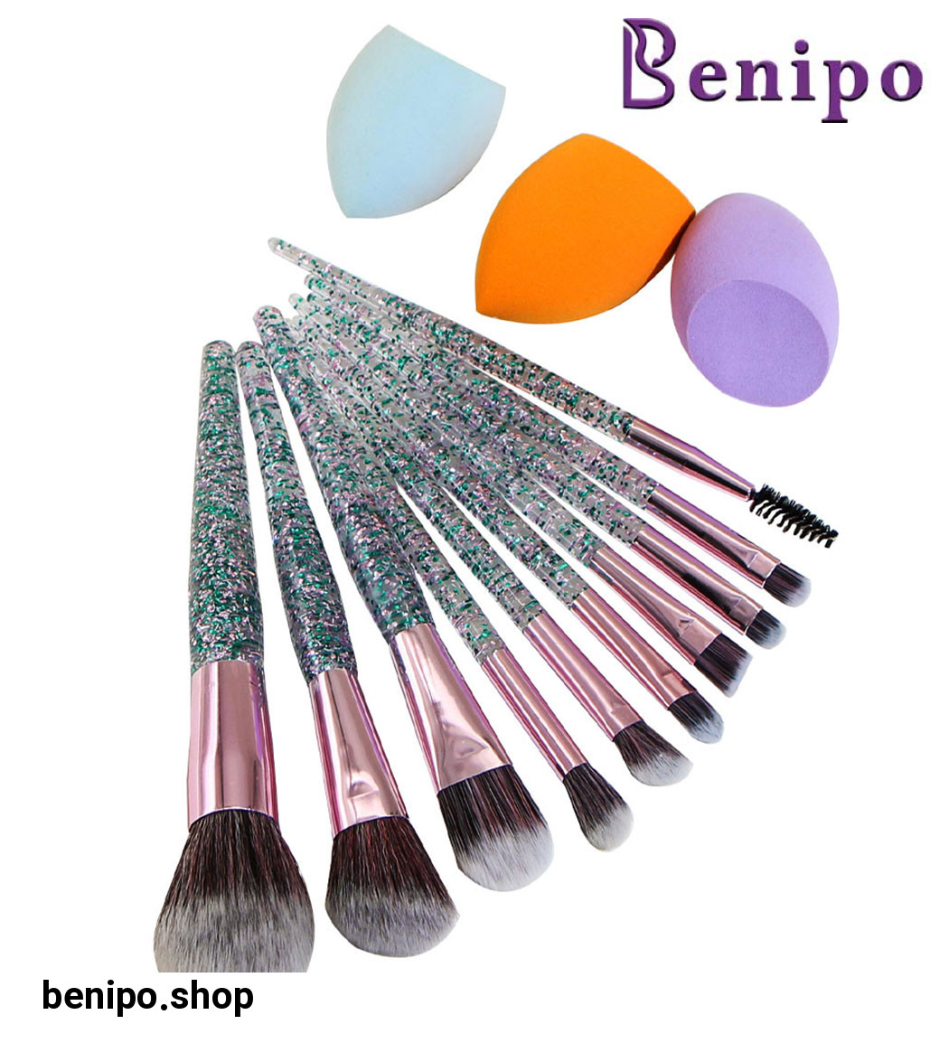 ست برس آرایشی مدل S2 مجموعه 10 عددی به همراه 3 عدد پد آرایشی