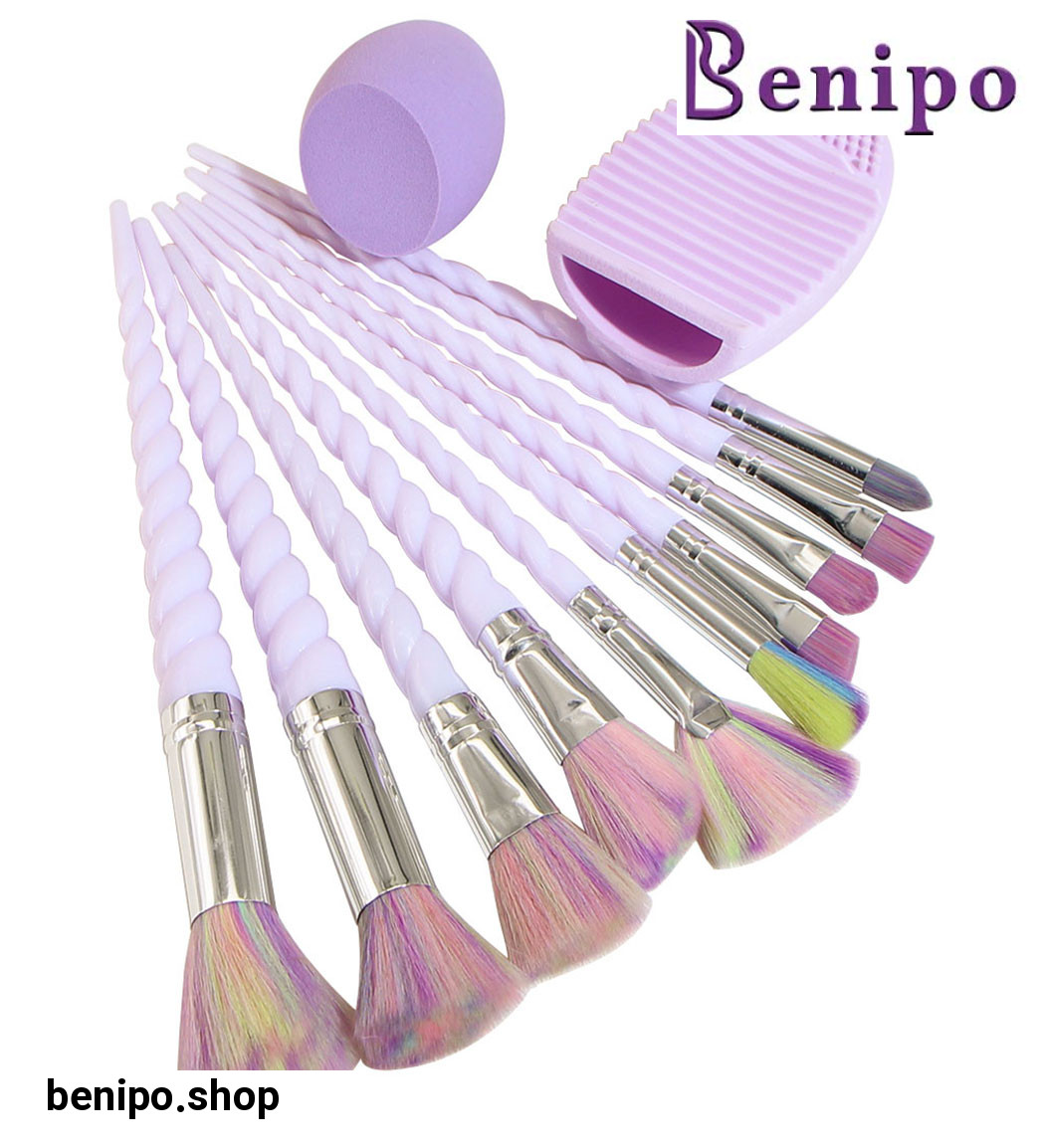 ست برا ش مدل U1 بنفش 10 عددی به همراه پد آرایشی و براش شور