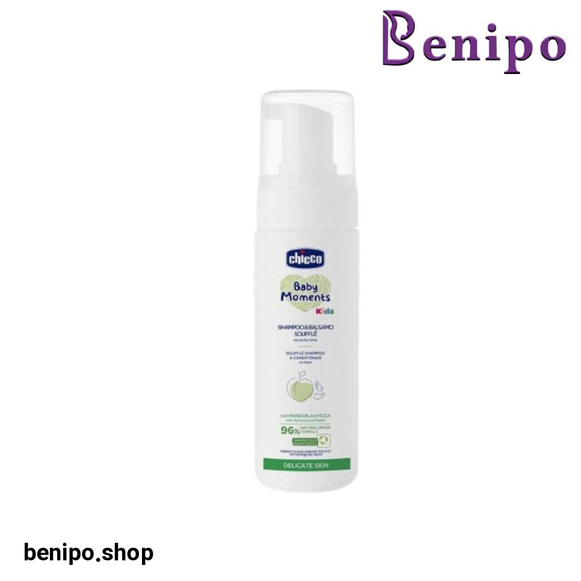 شامپو فوم و نرم کننده موی کودک حاوی عصاره بادام و هلو حجم 150 میلی لیتر