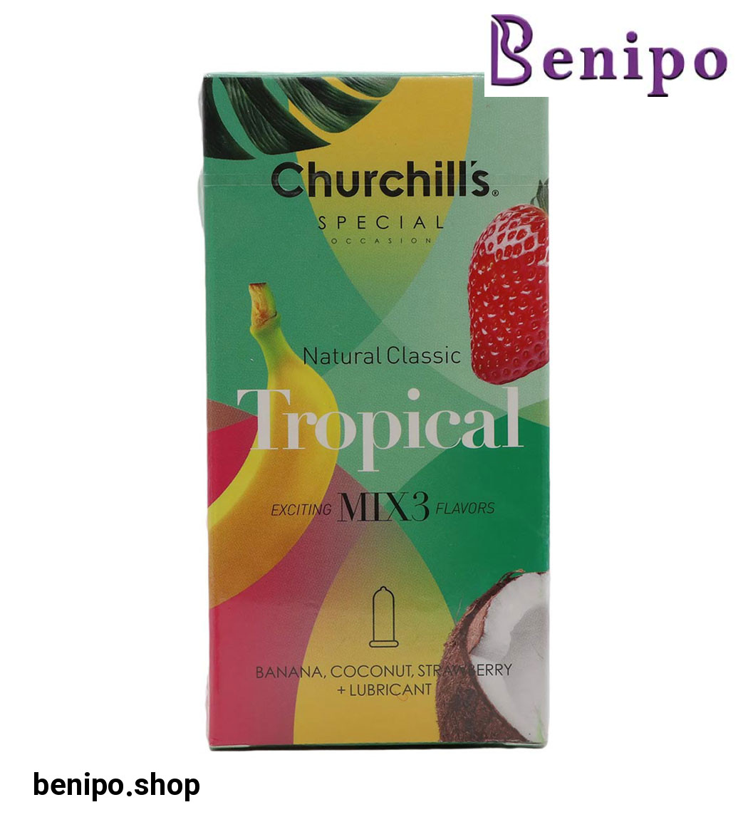 كاندوم اسپشيال روان كننده مدل تروپیکال با رایحه موز و نارگيل و توت فرنگي بسته 12عددی