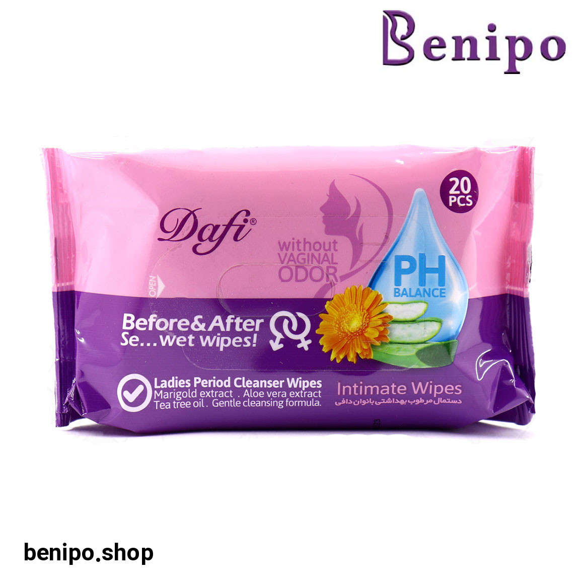 دستمال مرطوب بهداشتی بانوان بسته 20 عددی