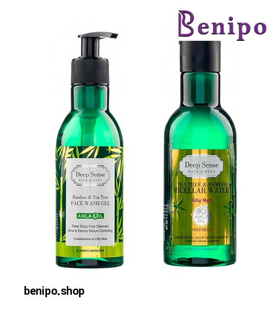 پک میسلار واتر مناسب پوست چرب حاوی عصاره درخت چای و بامبو و ژل شستشو صورت با رایحه بامبو و درخت چای حاوی روغن آملا
