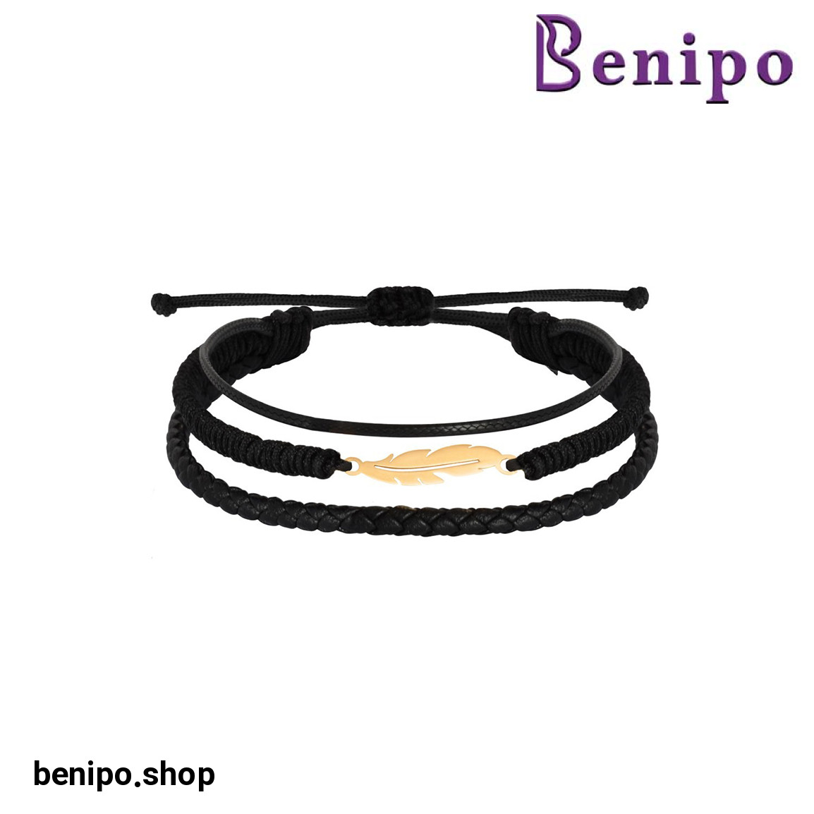 دستبند پلاک طلا چرم و بافت مدل پر