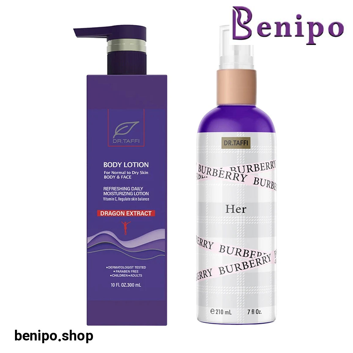 پک 2 عددی لوسیون بدن حاوی عصاره دراگون فروت حجم 300 میلی لیتر و بادی اسپلش زنانه مدل BURBERRY HER حجم 210 میلی لیتر