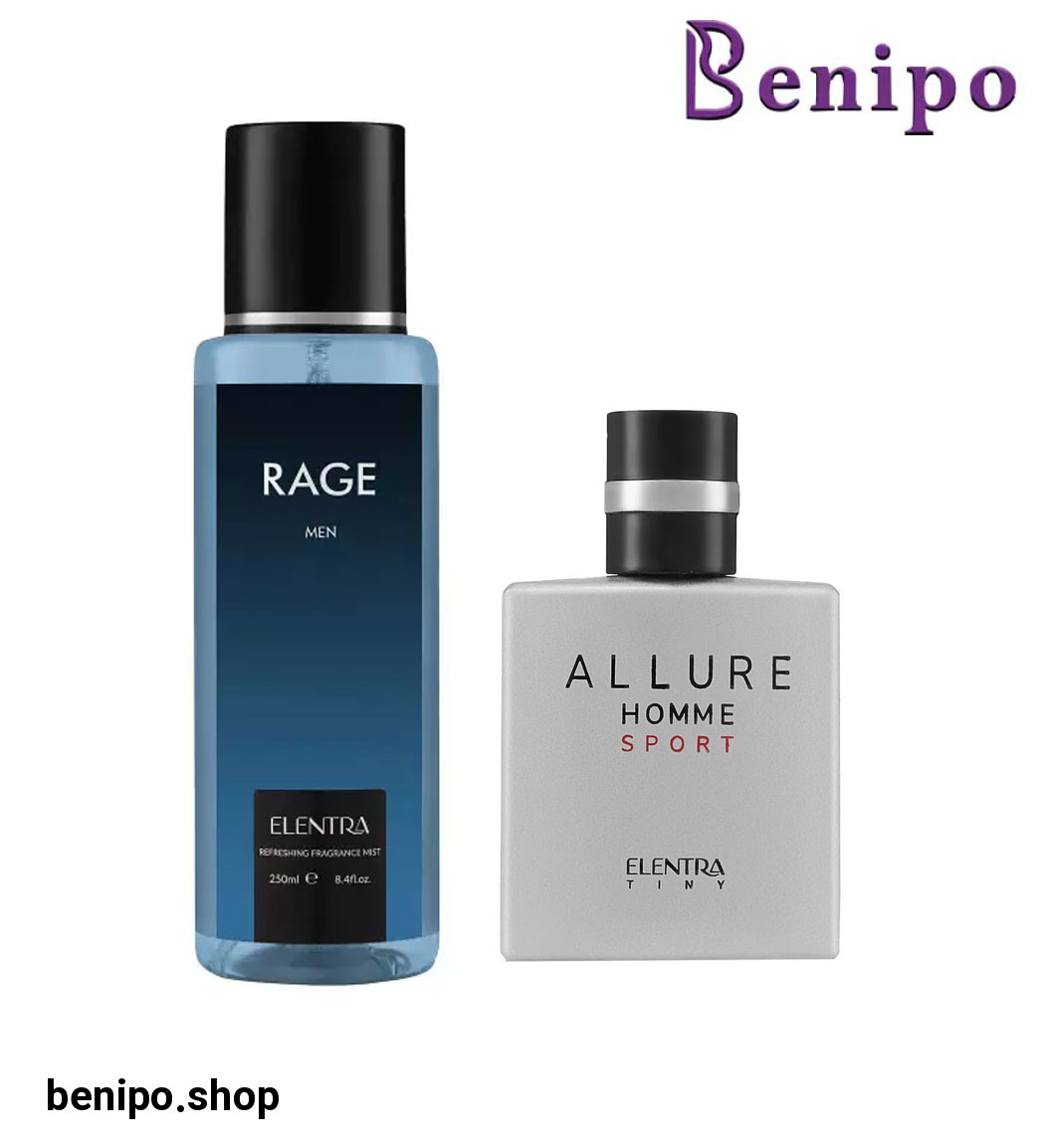 عطر جیبی مردانه مدل Allure Homme Sport النترا تاینی به همراه بادی اسپلش مردانه مدل Rage