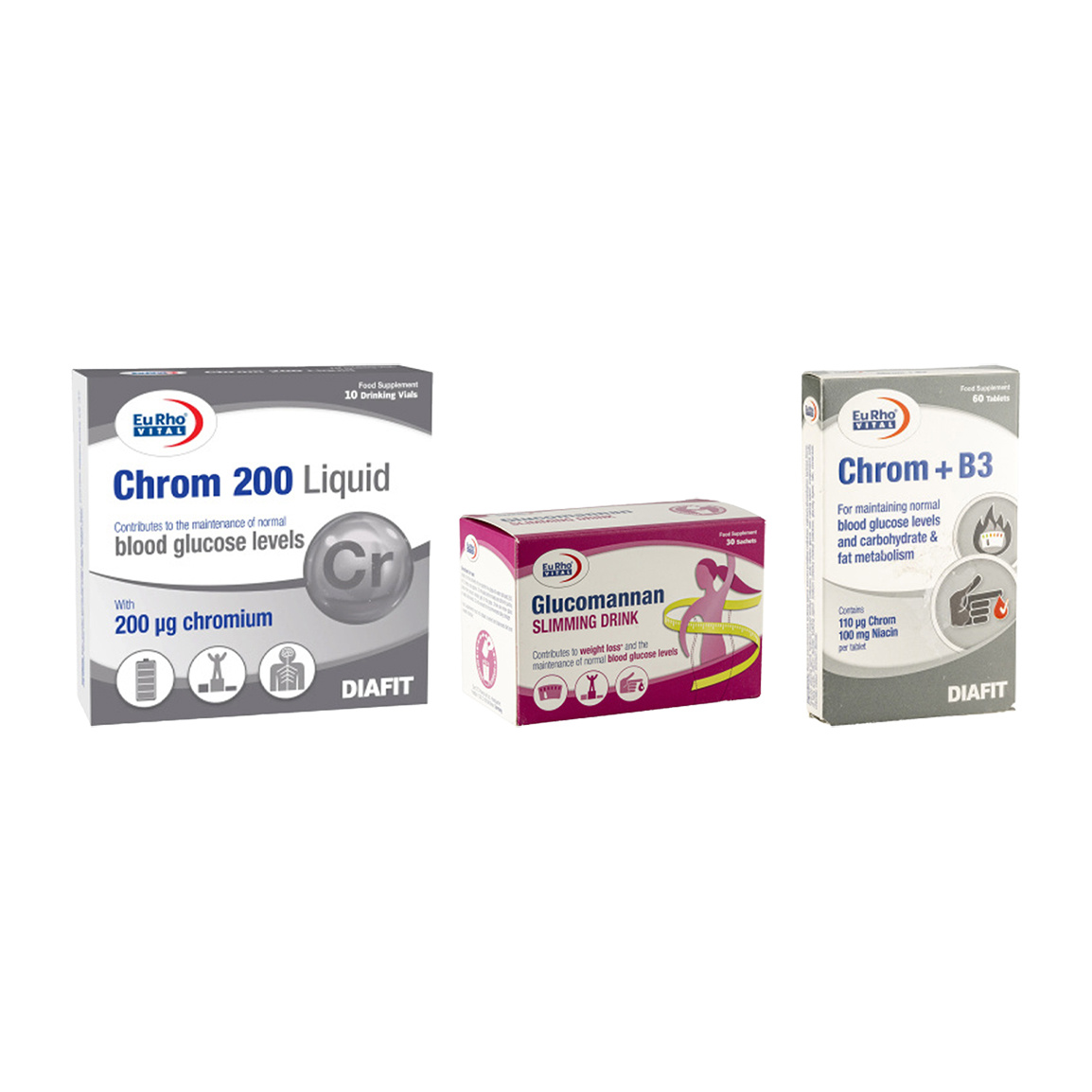 پک 3 عددی ویال خوراکی کروم و قرص Chrom + B3 و ساشه گلوکومانان مناسب برای لاغری و تناسب اندام