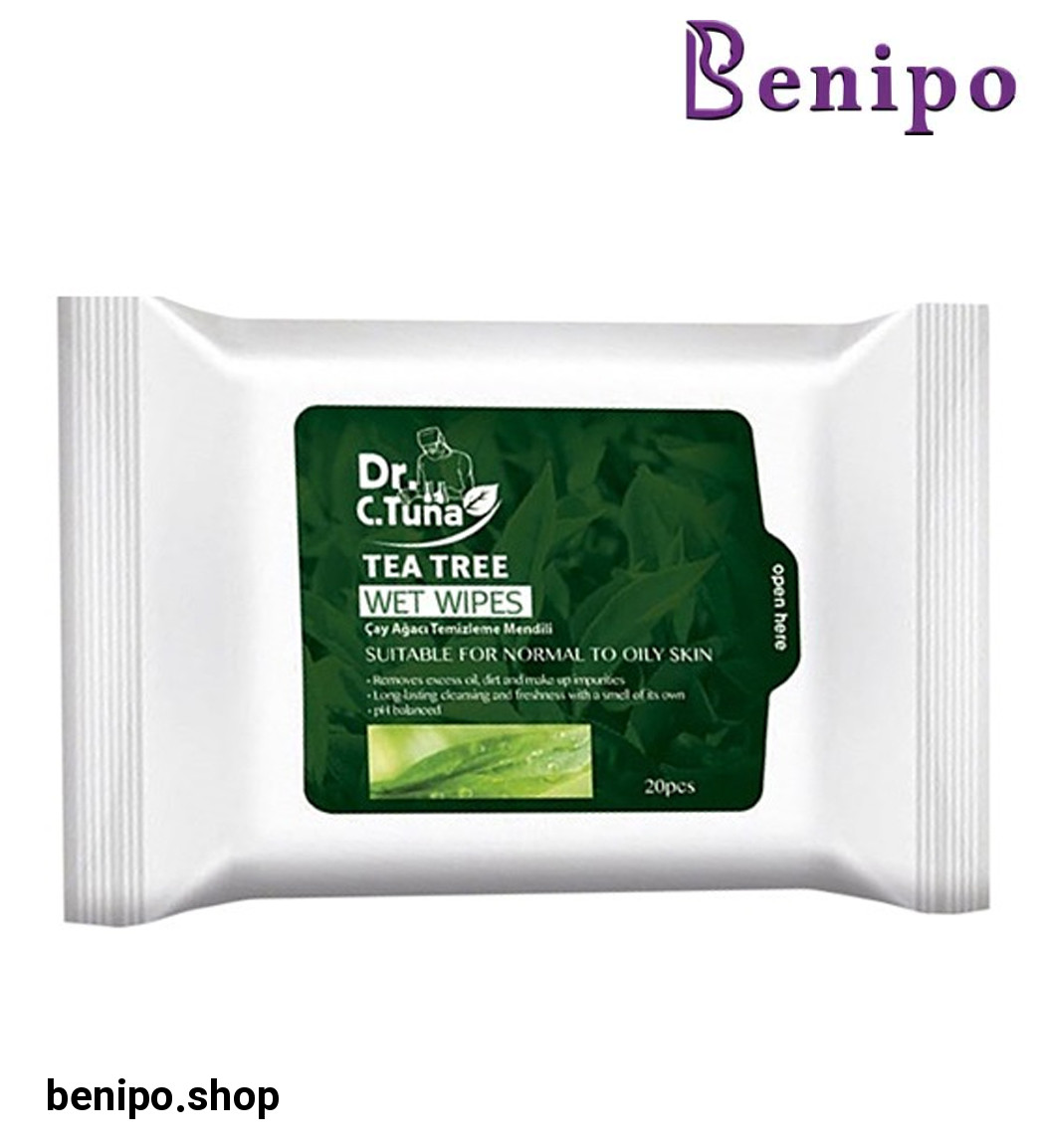 دستمال مرطوب پاک کننده آرایش حاوی عصاره درخت چای مناسب پوست چرب و نرمال 20عددی دکتر سی تونا
