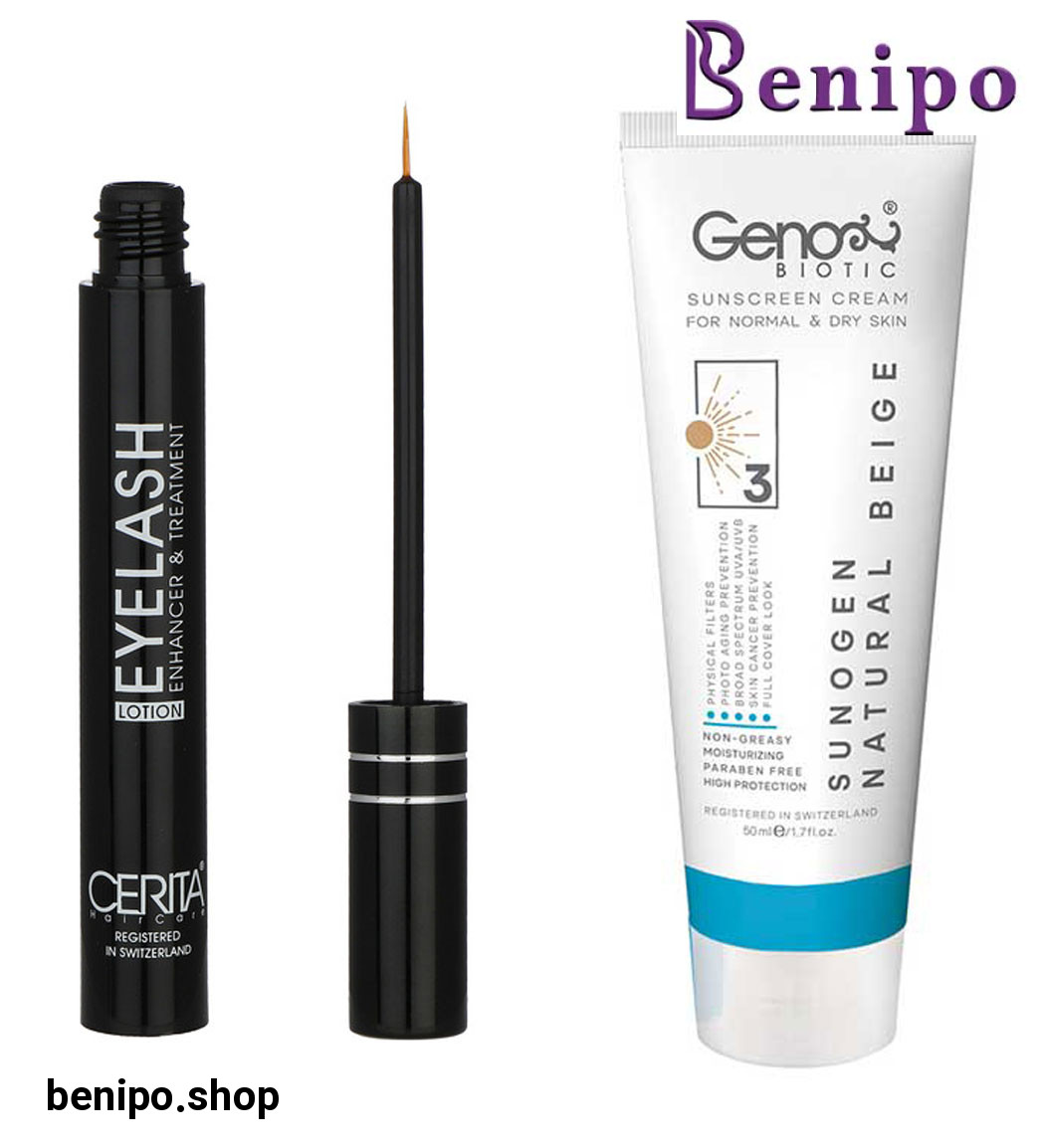 پک محلول تقویت کننده مژه سریتا و ضد آفتاب رنگی مناسب پوست خشک SPF50 رنگ بژ طبیعی