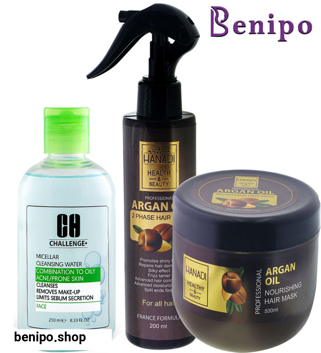 ماسک مو دوفاز هانادی+ماسک مو آرگان کاسه ای هانادی+میسلار پوست چرب چلنج
