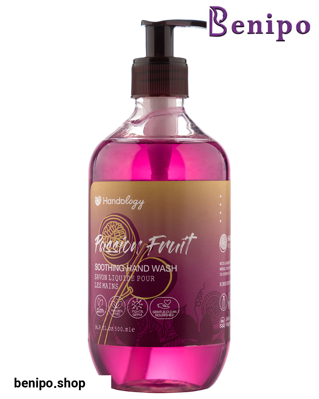 مایع دستشویی آنتی باکتریال شفاف با رایحه پشن فروت 500 میل