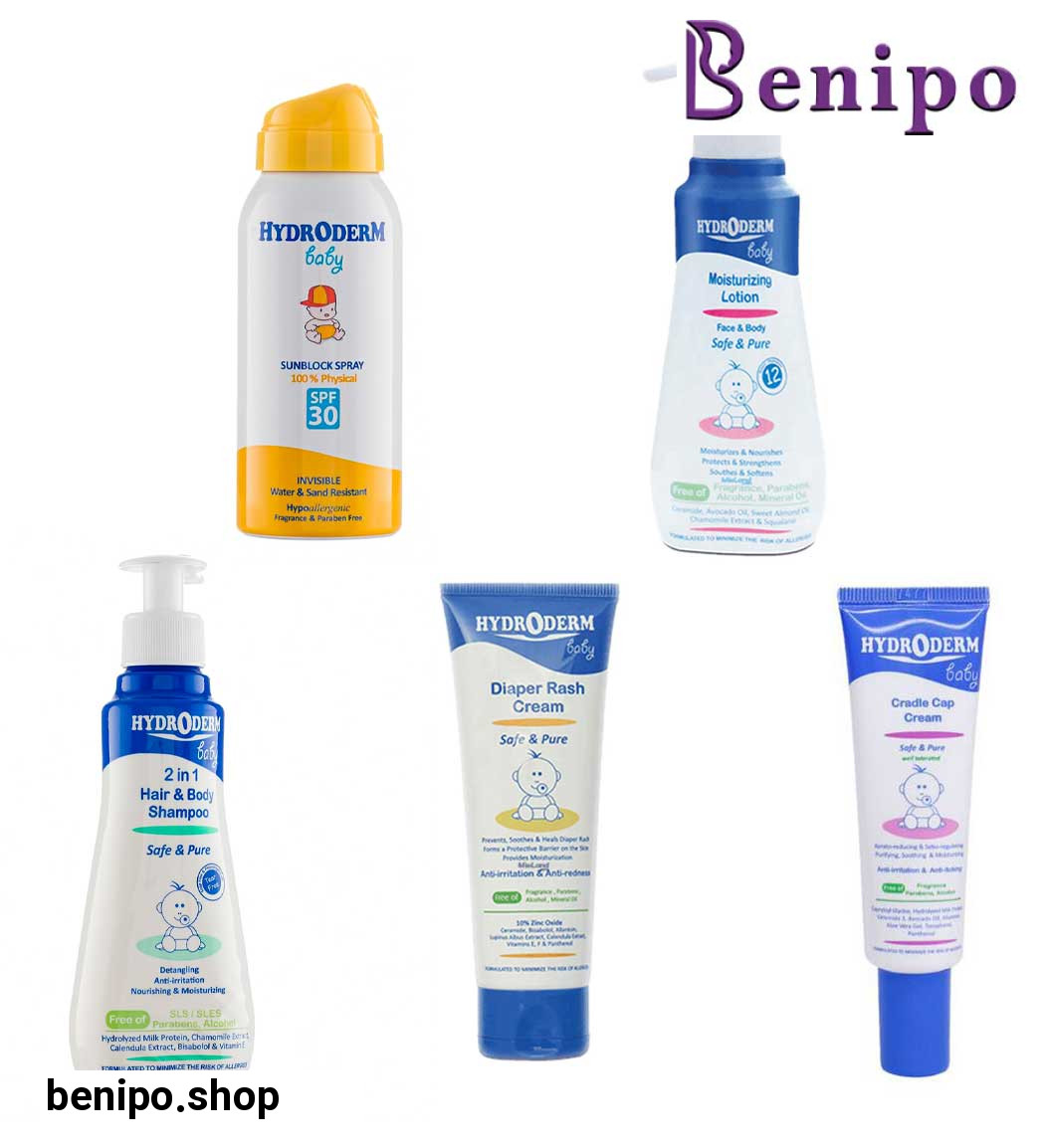پک اسپری ضد آفتاب کودکان 100درصد فیزیکال اس پی اف 30 حجم 100میل به همراه کرم ضد سوختگی پا کودک و  شامپو سر و بدن نوزادان و شیرخواران 250گرم و کرم برطرف کننده پوسته های چرب سر نوزاد 30میل و لوسیون بدن نوزادان