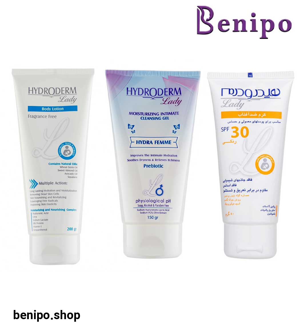 پک ژل بهداشتی بانوان لیدی هیدرا فم مرطوب کننده ناحیه واژینال 150میل به همراه لوسیون بدن لیدی 200گرم و کرم ضد آفتاب رنگی لیدی Spf30