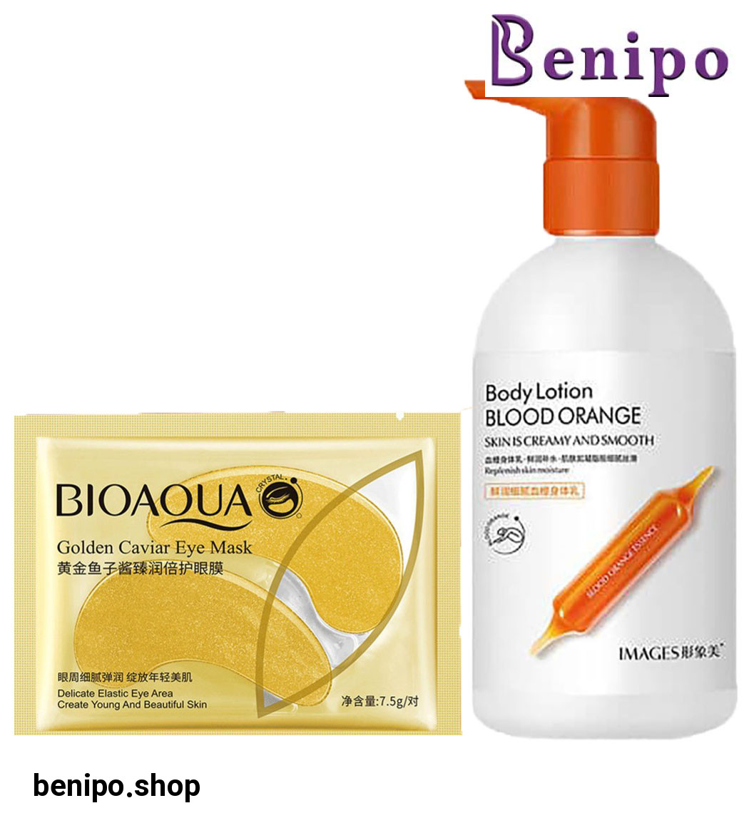 پک 2 عددی ماسک ورقه ای زیر چشم خاویار طلایی بیوآکوا و لوسیون بدن پرتقال خونی