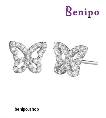 گوشواره نقره ظریف میخی طرح پروانه نگین دار