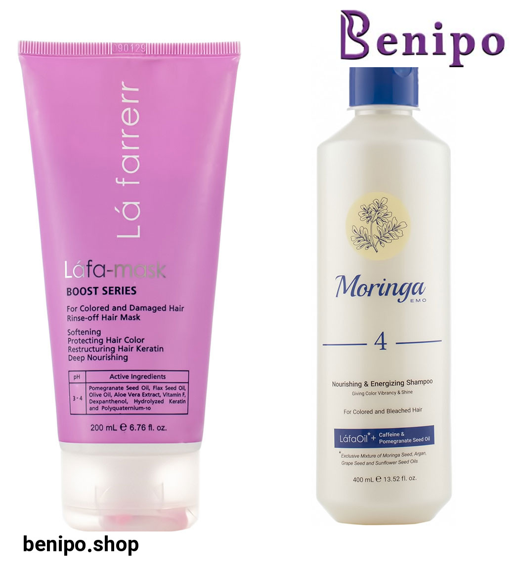 پک شامپو ترمیم کننده مناسب مو های رنگ شده شماره 4 مورینگا و ماسک مو ترمیم کننده موهای رنگ شده و آسیب دیده