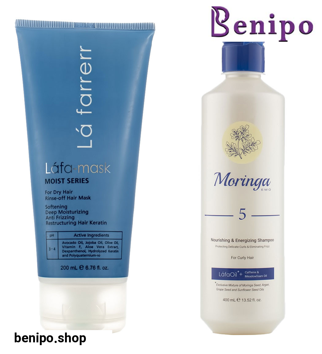 پک شامپو محافظ فر مو شماره 5 حجم 400میل مورینگا و ماسک مو موهای خشک