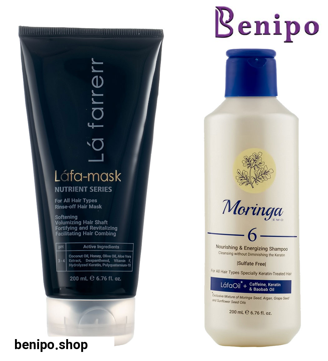 پک شامپو بدون سولفات مخصوص موهای کراتینه شده شماره 6 حجم 200میل مورینگا و ماسک مو مغذی و تقویت کننده برای انواع مو