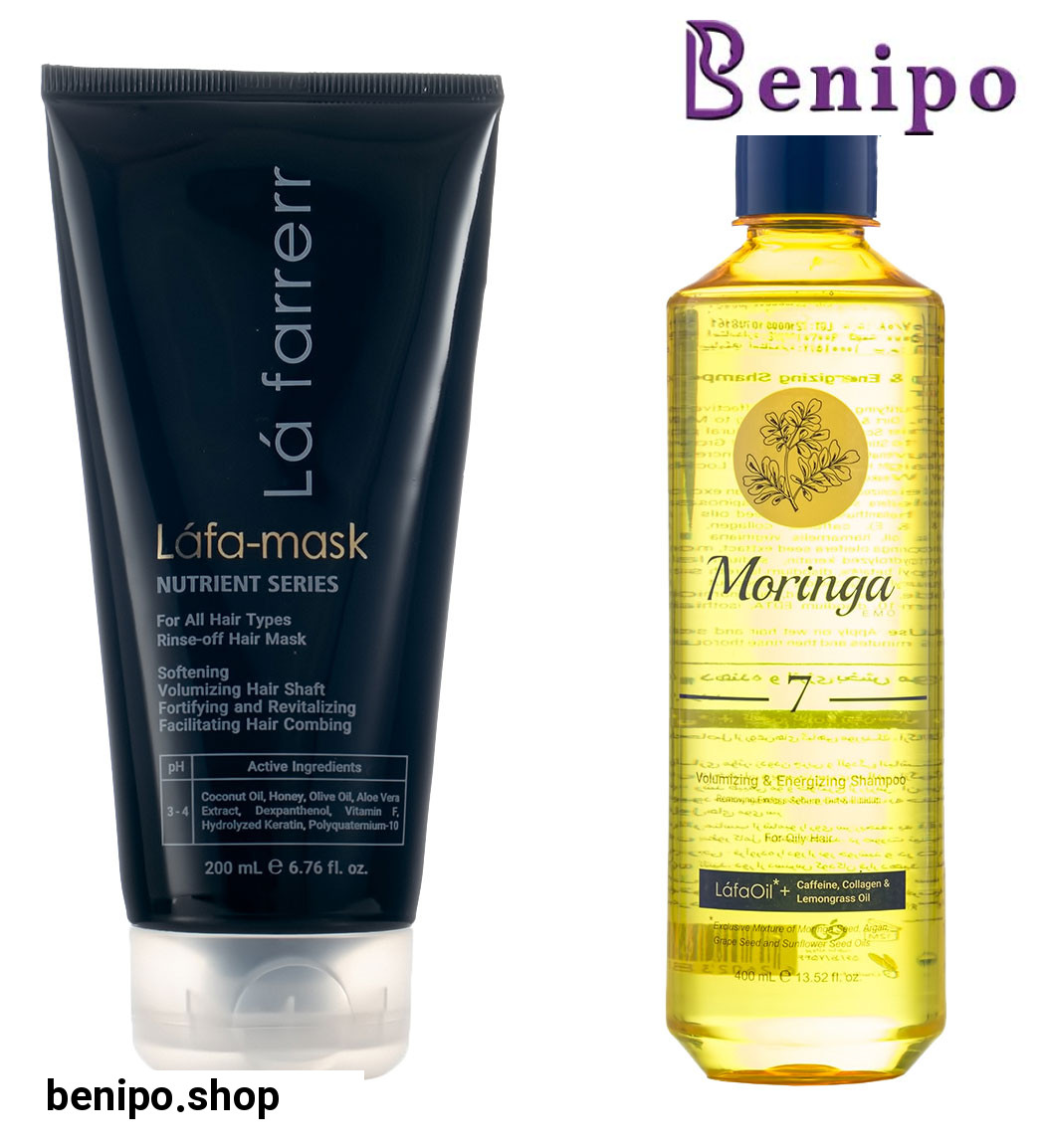 پک شامپوضد ریزش مناسب موهای چرب شماره 7 حجم 400 میل مورینگا و ماسک مو مغذی و تقویت کننده برای انواع مو