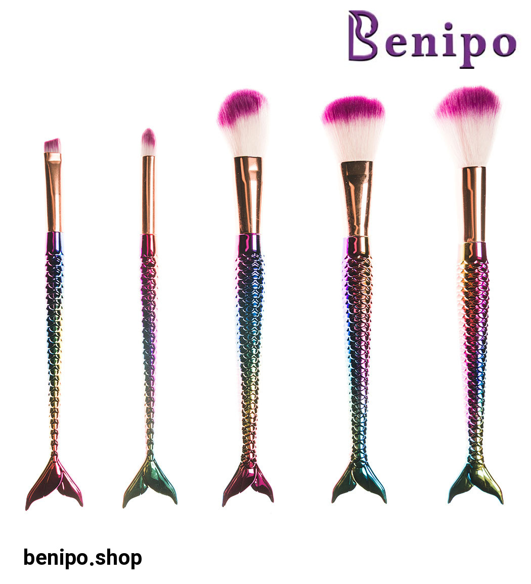 ست براش 5 عددی رنگین کمان مدل ماهی همراه با کیف ارسال با رنگ رندوم