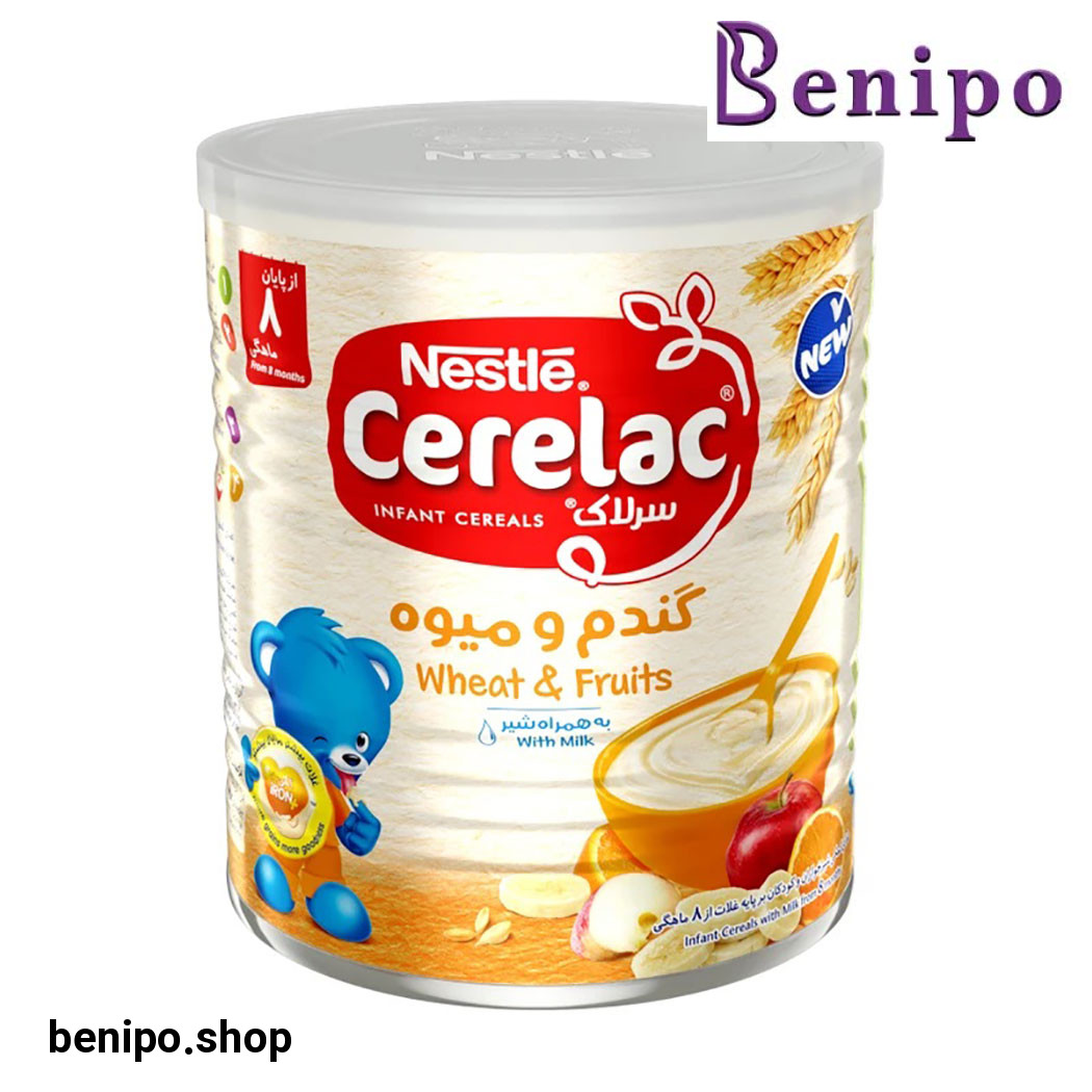 سرلاک گندم و میوه به همراه شیر مناسب کودکان از پایان 8 ماهگی حجم 400 گرم