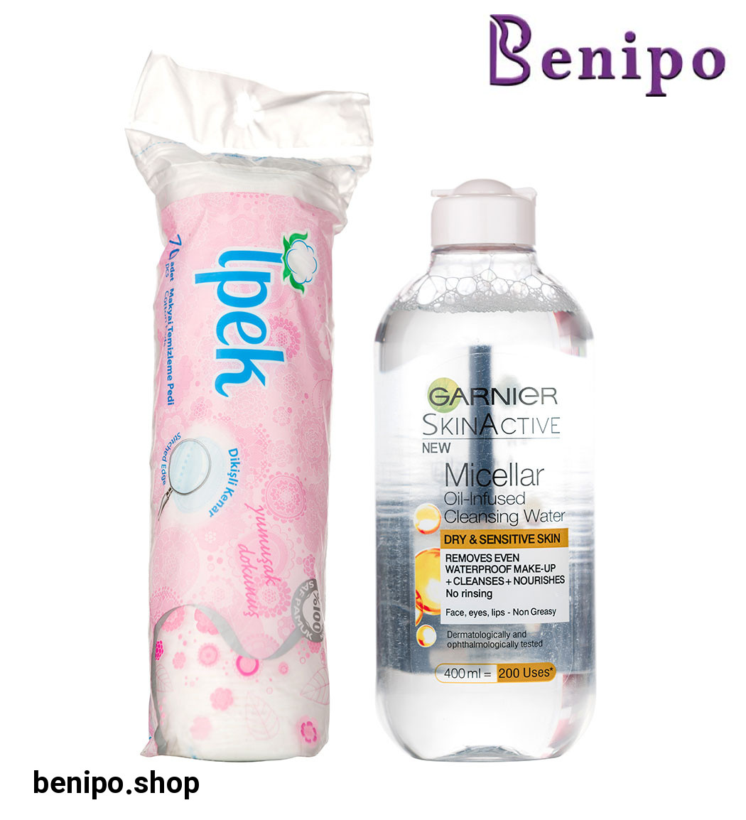 پک پد آرایش پاک کن 70 عددی ایپک به همراه میسلار واتر مناسب پوست خشک و حساس حجم 400 میل