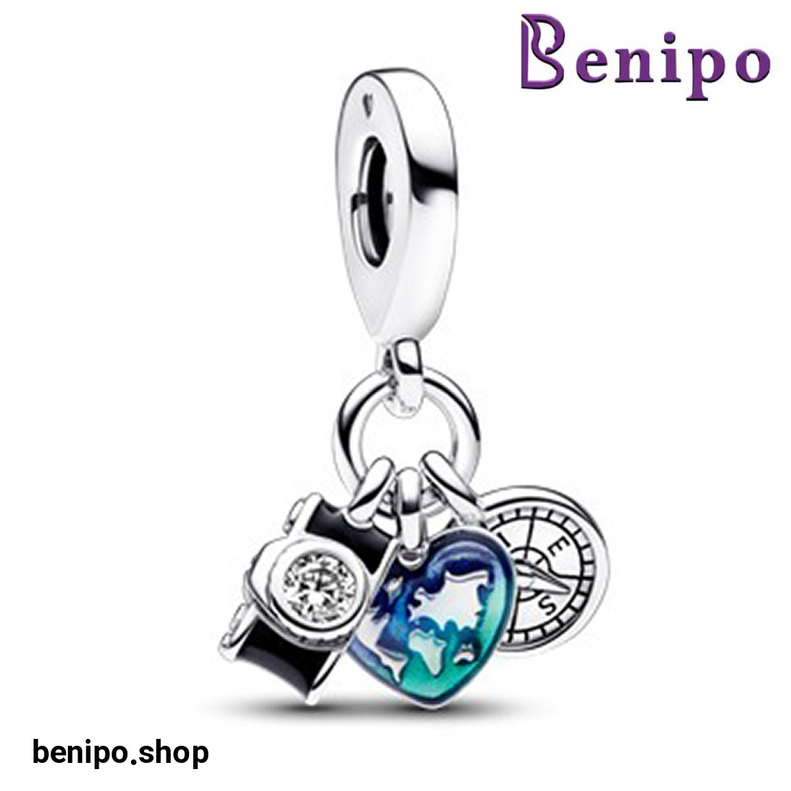 چارم آویز نقره مدل سه بخشی دوربین و قلب و قطب نما