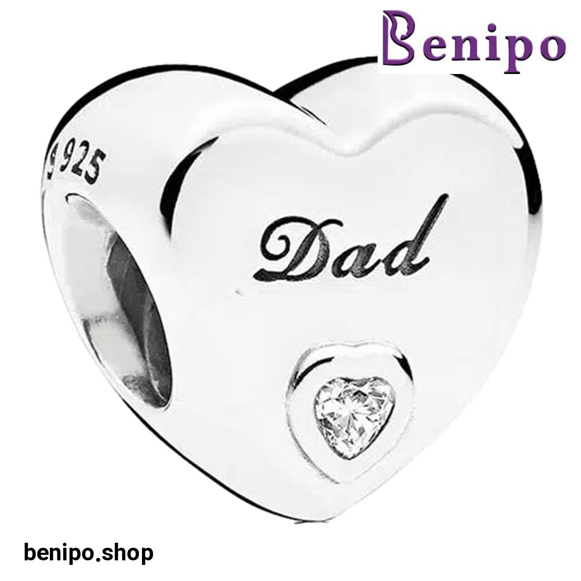 چارم آویز نقره مدل مهره ای قلبی پدر نگین دار