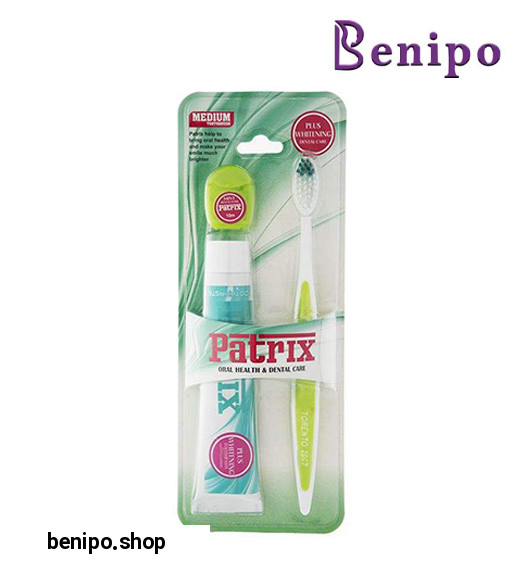 پک سفید کننده دندان شامل مسواک مدیوم، خمیردندان و نخ دندان