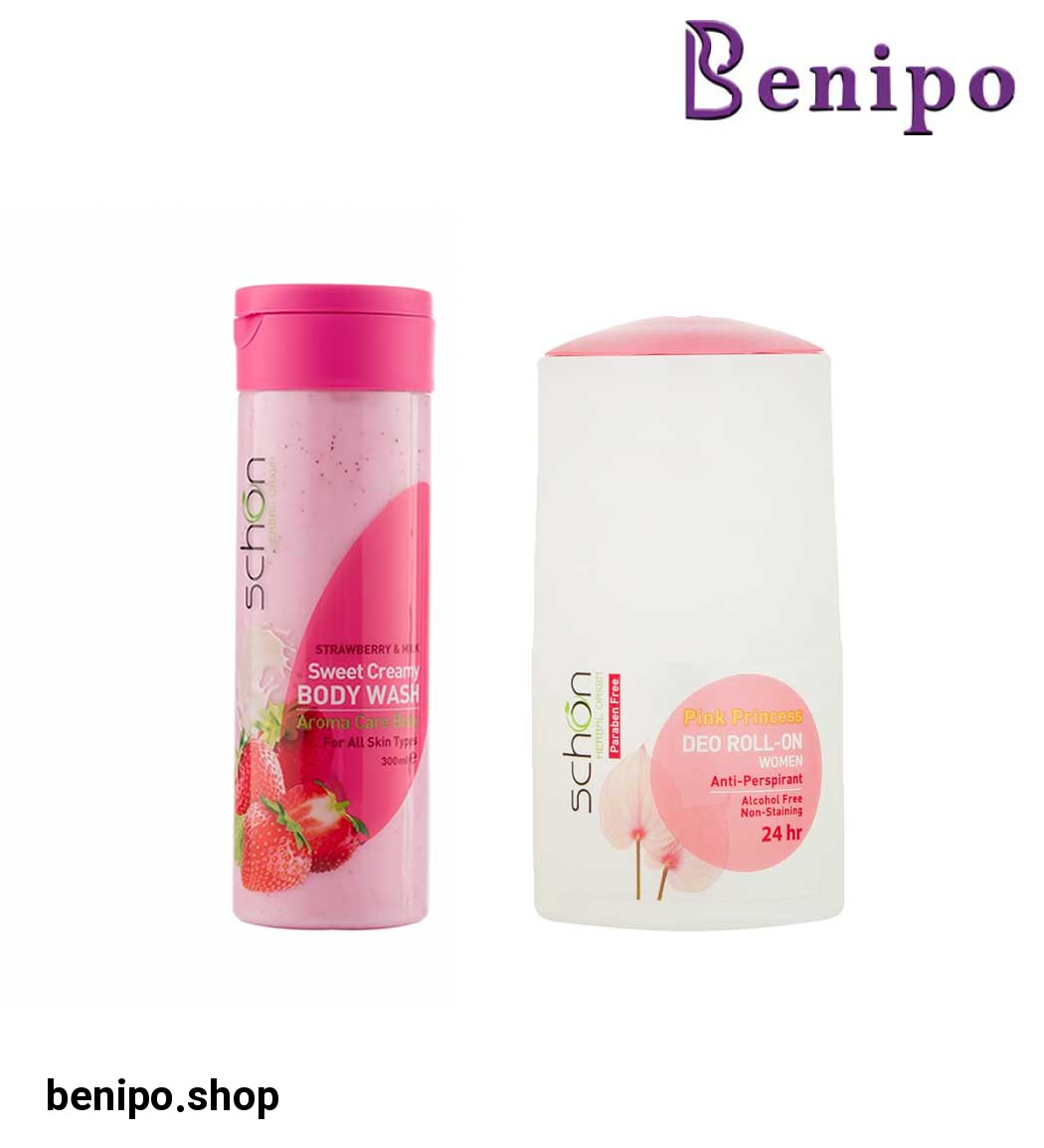 پک شامپو بدن کرمی شیر توت فرنگی 300 میل و مام رول ضد تعریق زنانه مدل پینک پرنسس