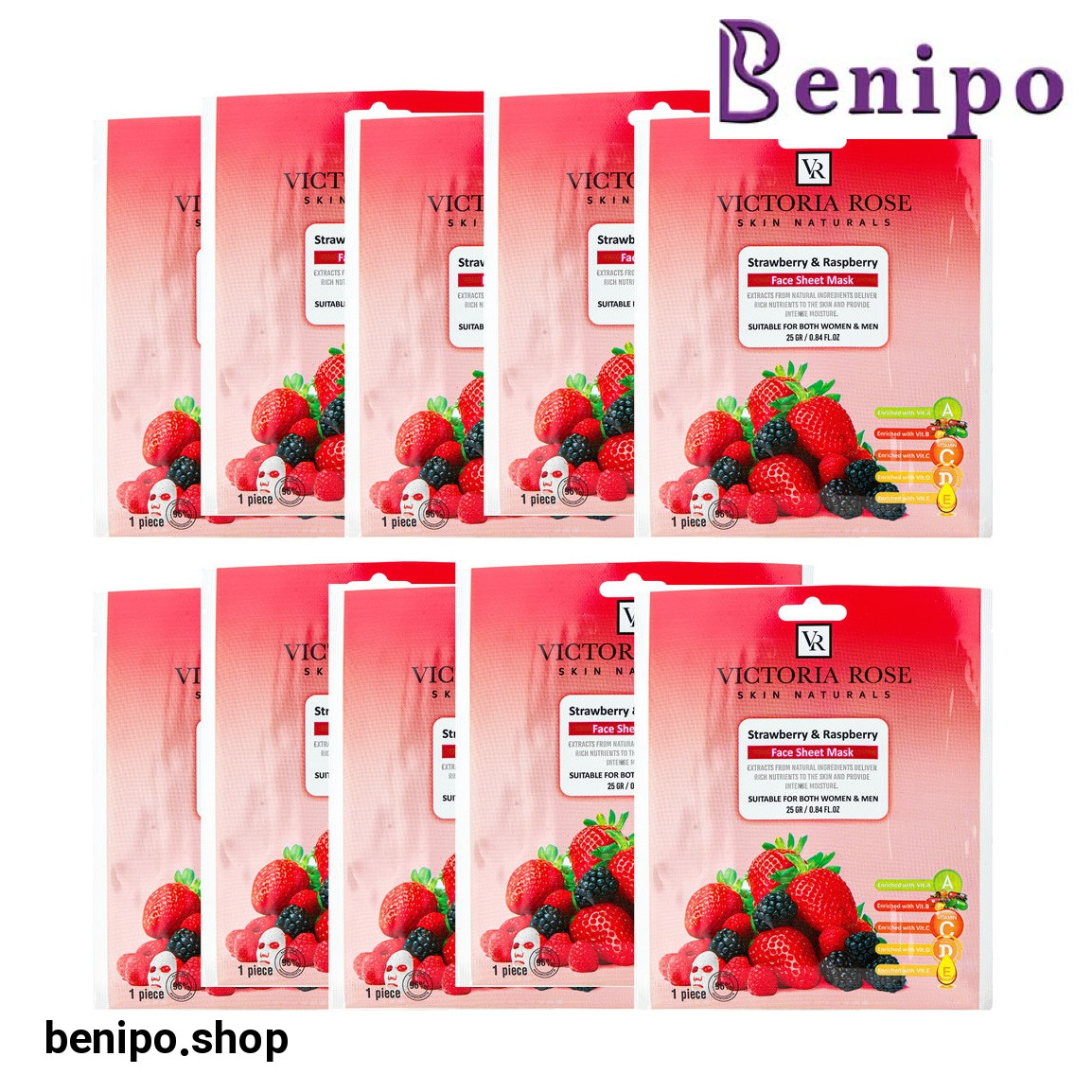 ماسک ورقه ای صورت مدل توت فرنگی و تمشک وزن 25 گرم بسته 10 عددی