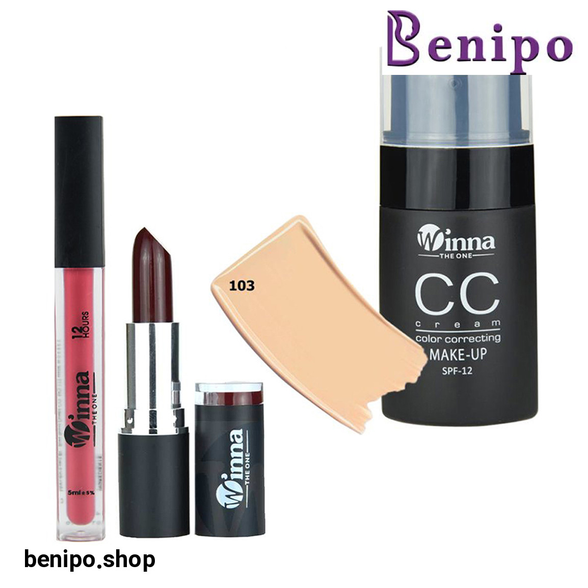 پک آرایشی سه عددی کرم پودرCC شماره 103 و رژلب جامد شماره 310 و رژلب مایع شماره 411