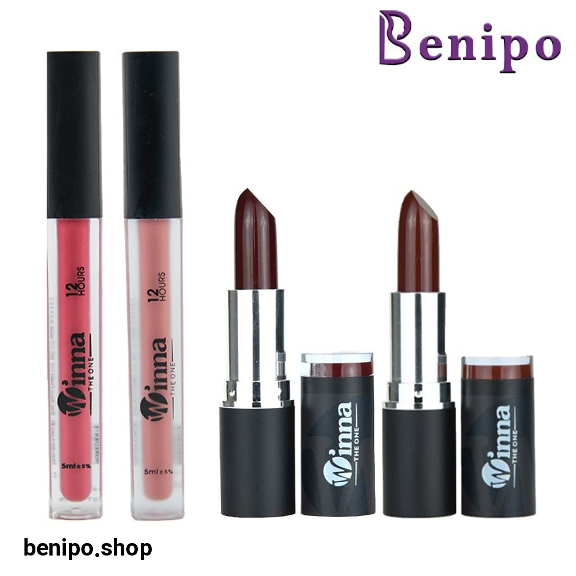 پک آرایشی چهار عددی رژلب جامد شماره 310 و رژلب جامد شماره 303 و رژلب مایع شماره 411 و رژ لب مایع شماره 404