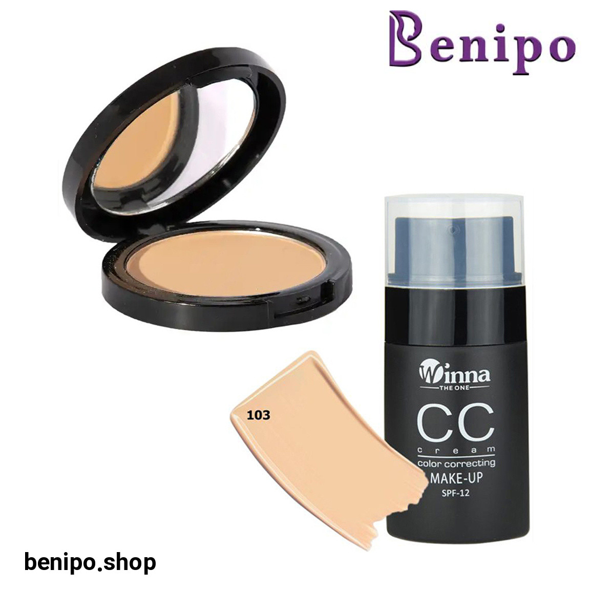 پک آرایشی دوعددی کرم پودرCC شماره 103 و پنکک مات مدل مینرال شماره 202