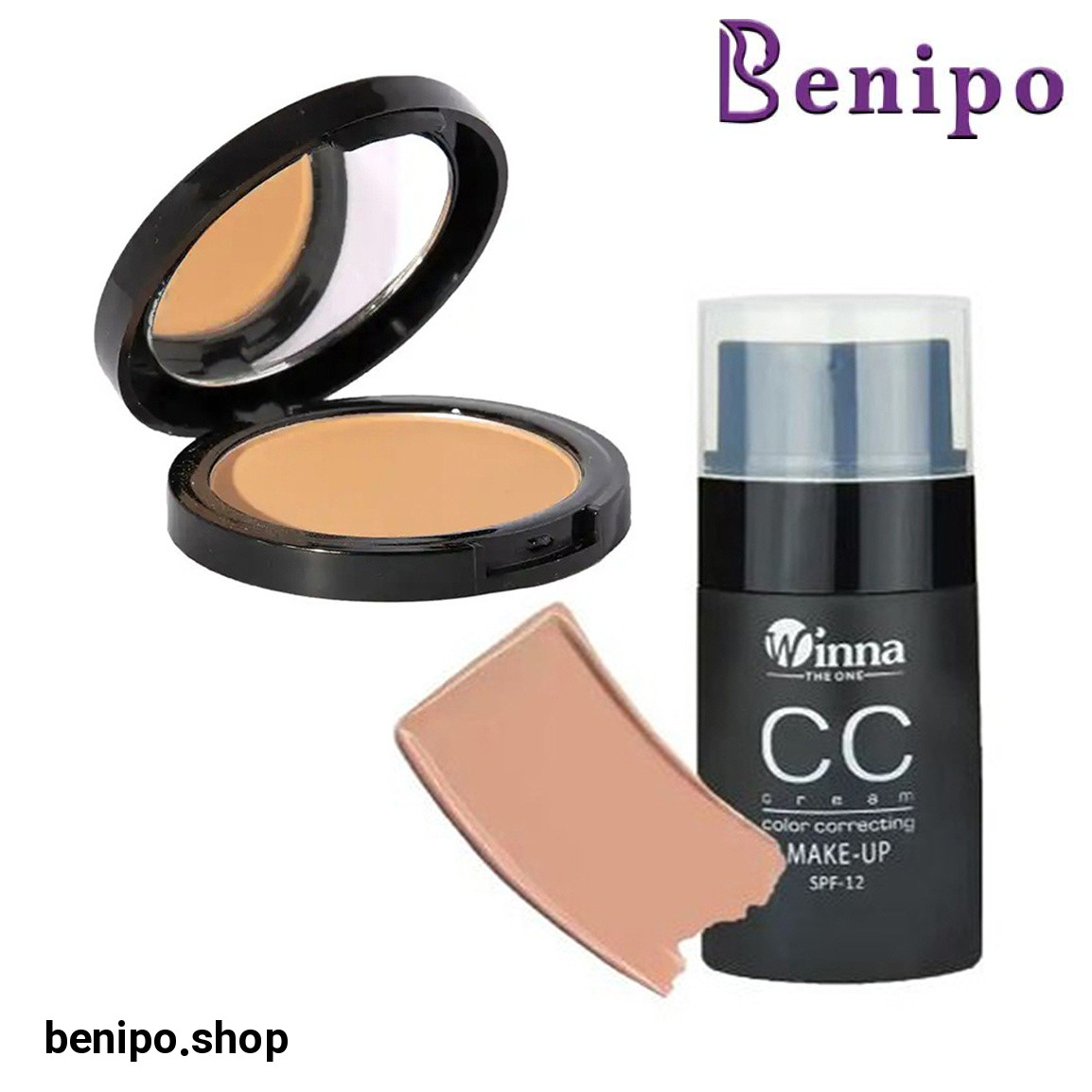 پک آرایشی دوعددی کرم پودرCC شماره 102 و پنکک مات مدل مینرال شماره 203