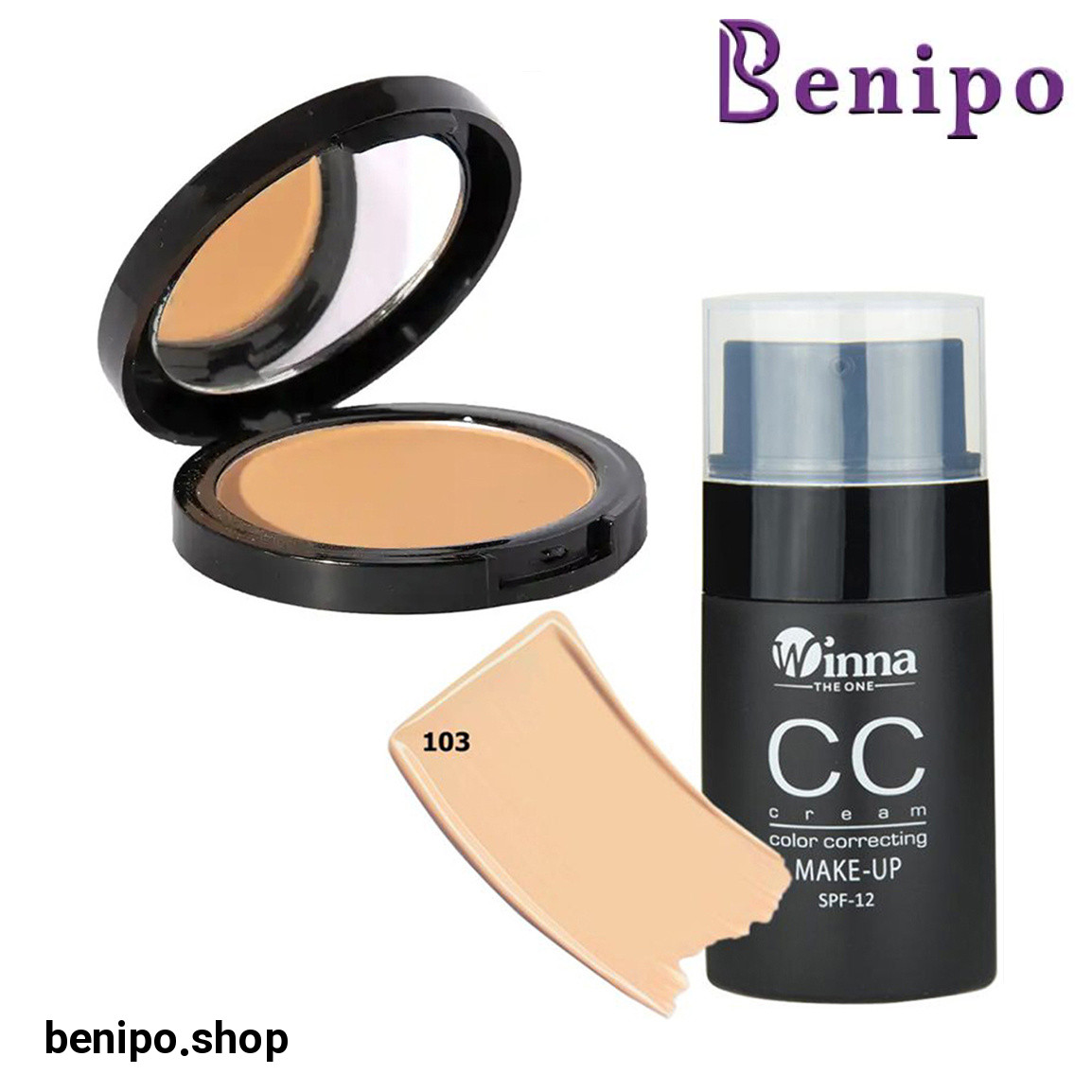 پک آرایشی دوعددی کرم پودرCC شماره 103 و پنکک مات مدل مینرال شماره 203