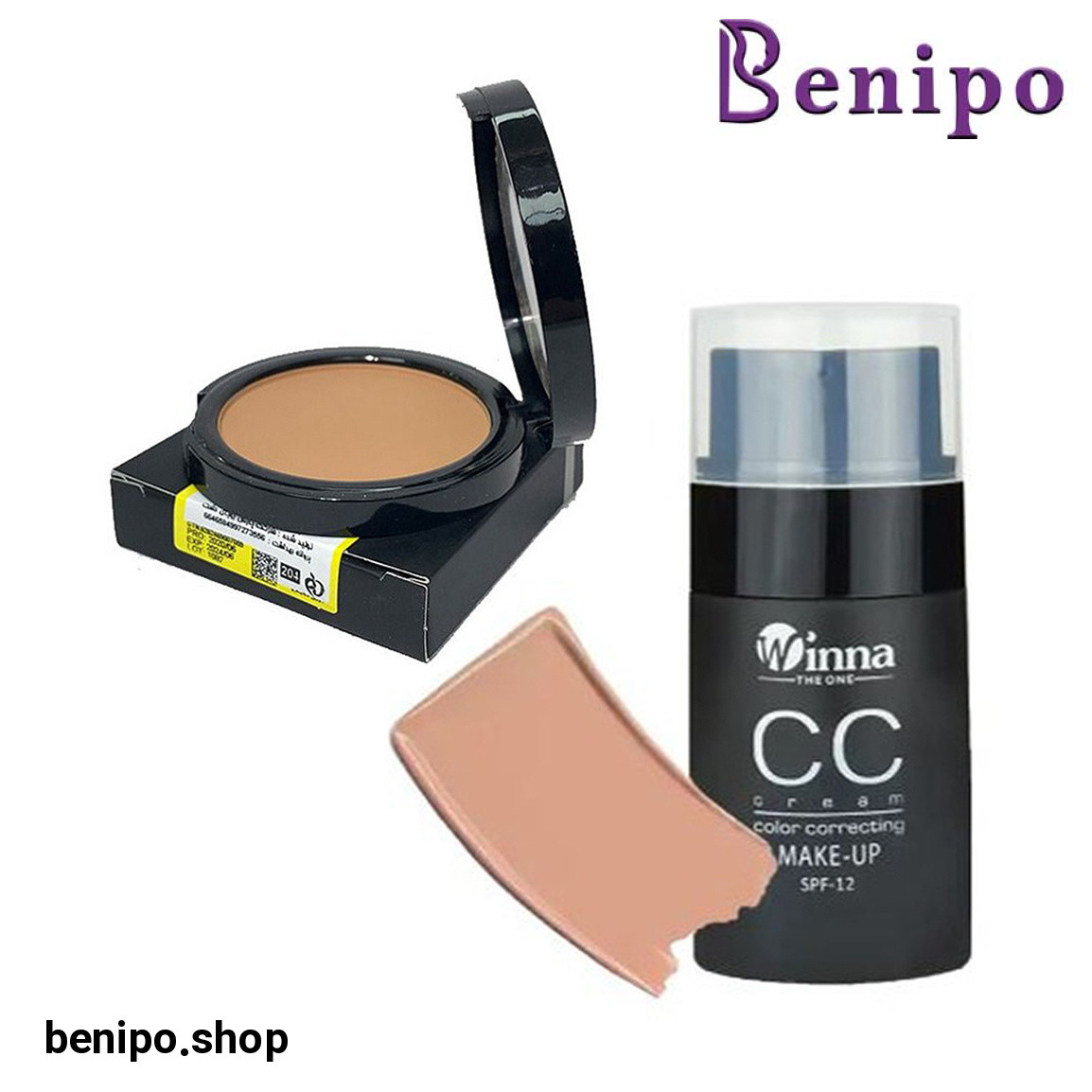 پک آرایشی دوعددی کرم پودرCC شماره 102 و پنکک مات مدل مینرال شماره 204