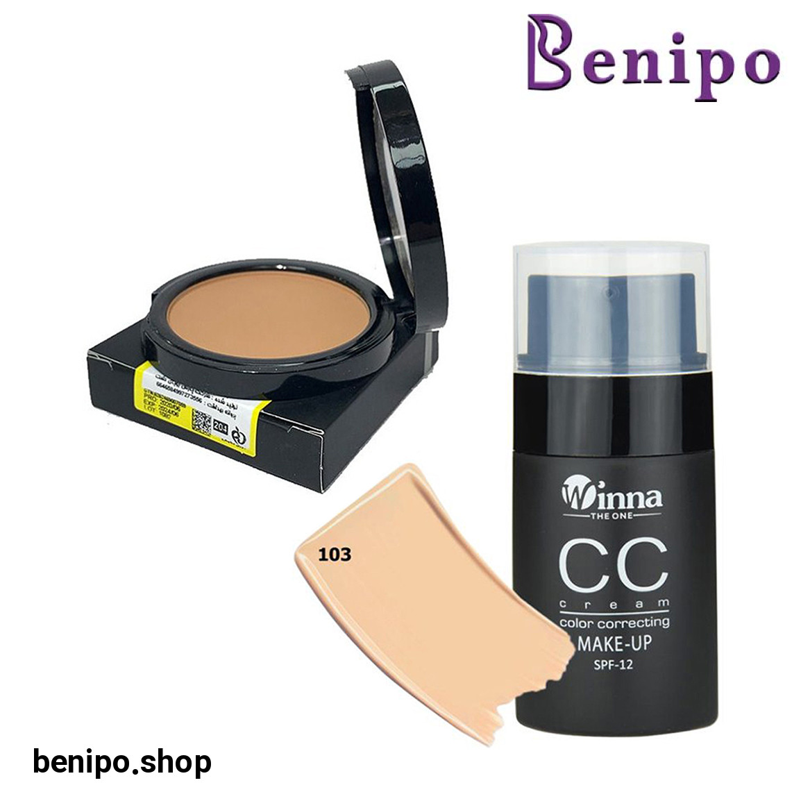 پک آرایشی دوعددی کرم پودرCC شماره 103 و پنکک مات مدل مینرال شماره 204